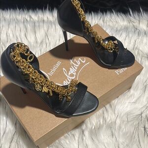 Christian Louboutin Black Heels with Gold Chain Detail